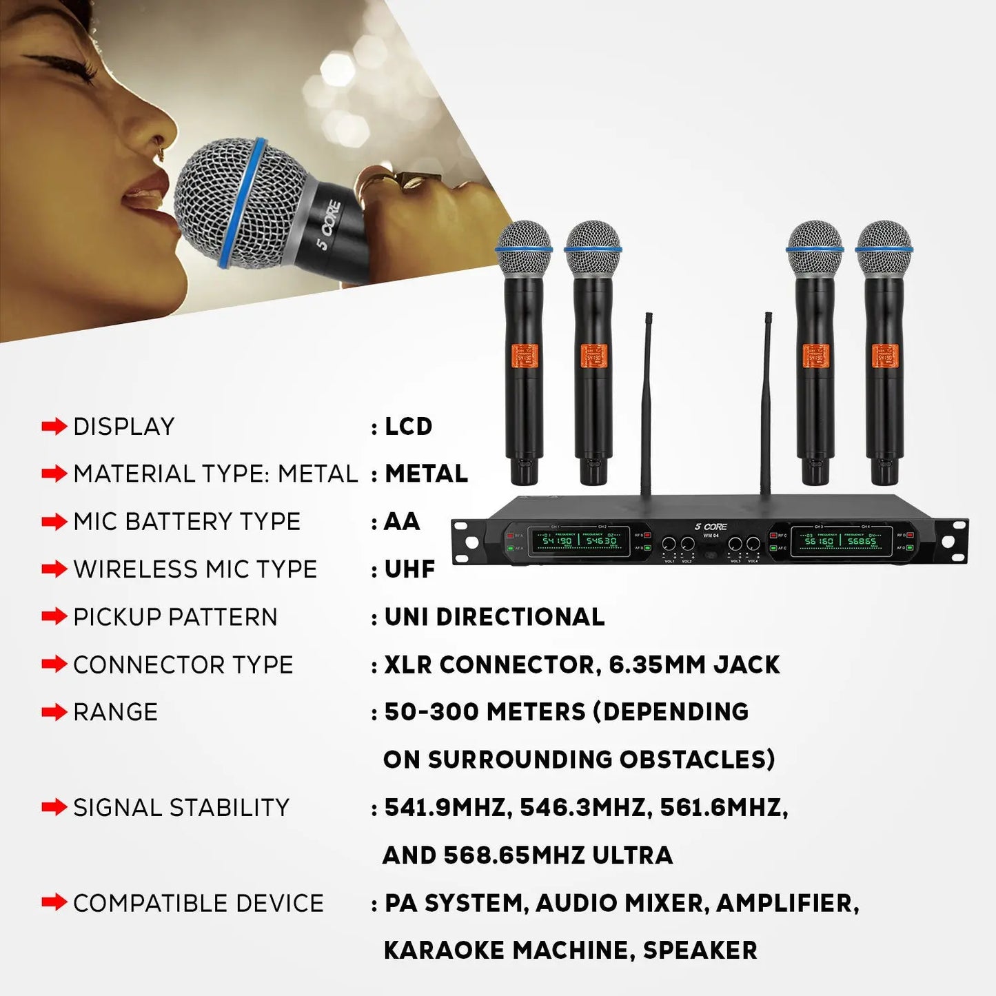 5 Core Wireless Microphones 8 Channel Dynamic Professional UHF Singing Mic System 5 Core