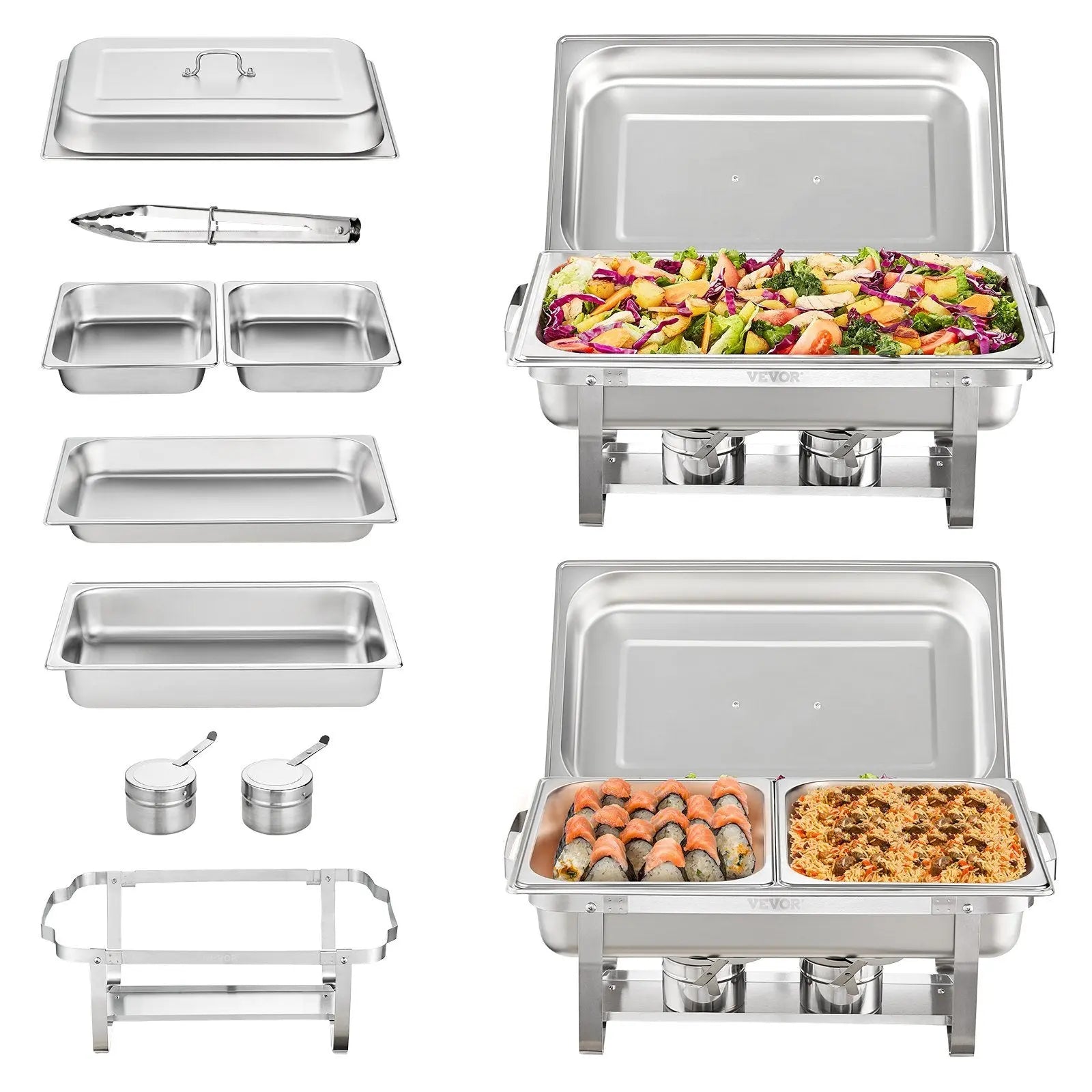 VEVOR 2-Pack Rectangle Chafing Dish Set 2 Full-Size 8Qt Pan 4 Half-Size 4Qt Pans VEVOR