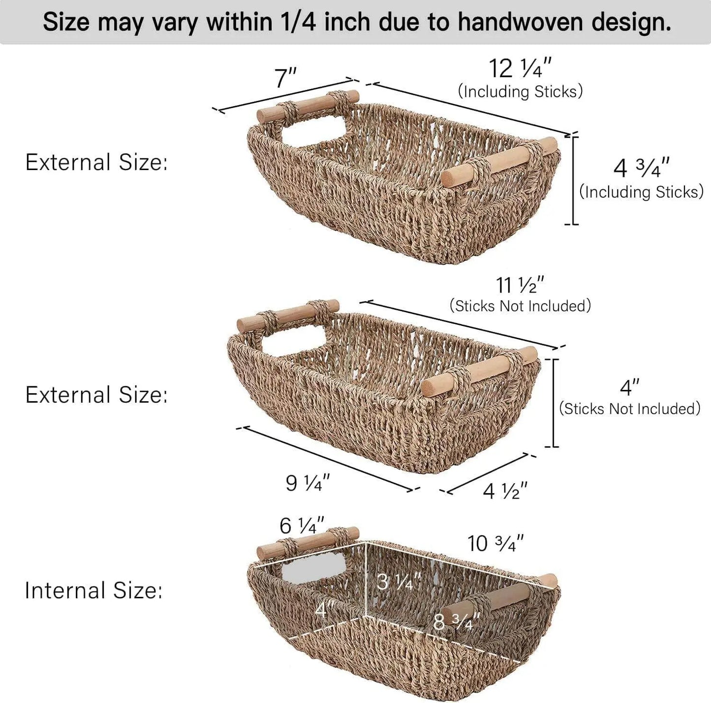 Small Wicker Baskets, Handwoven Baskets for Storage, Seagrass Rattan Baskets with Wooden Handles, 2-Pack Doba