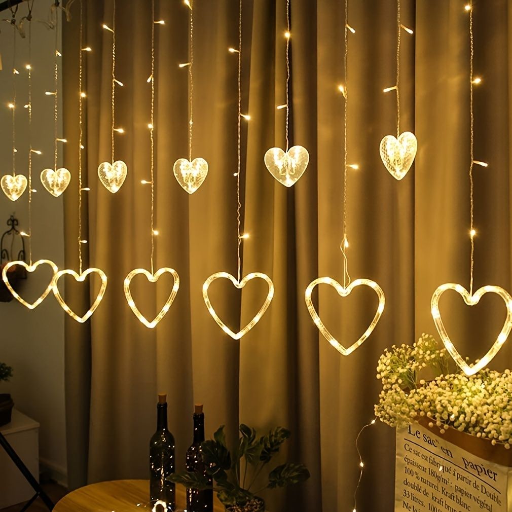 LED Curtain String Lights; 138 LED String Light Battery & USB Powered Waterproof Heart Shape Lights; 8 Flashing Modes For Girl Valentine's Day Wedding Christmas Restaurant Hotel Window; LED Lights - Gee-Commerce, LLC