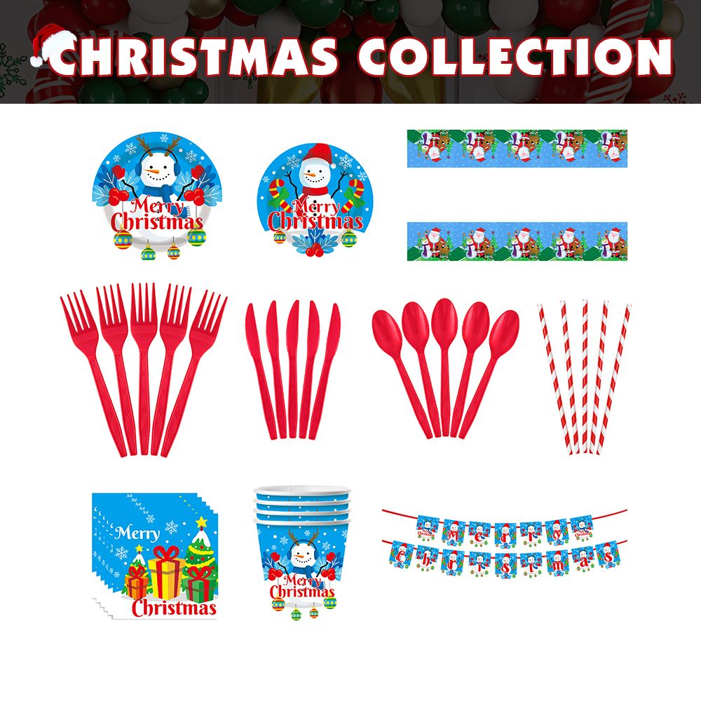 Christmas 10-piece set   Set Party Supplies Snowman Disposable Tableware Paper Plates and Napkins Banners Plastic tablecloths Cutlery Serves 60 for Merry Christmas Party Home Indoor Outdoor Decor Doba