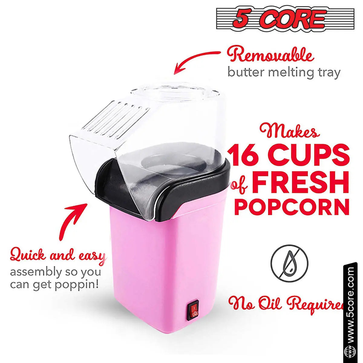 5 Core Popcorn Machine 16 Cup Capacity Hot Air Popper 5 Core