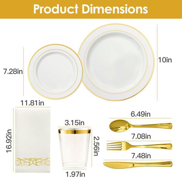 175Pcs Disposable Gold Dinnerware Set Gold Rim Plastic Plates Cups Fork Spoon Knife Paper Napkins for Party Wedding Graduation Doba