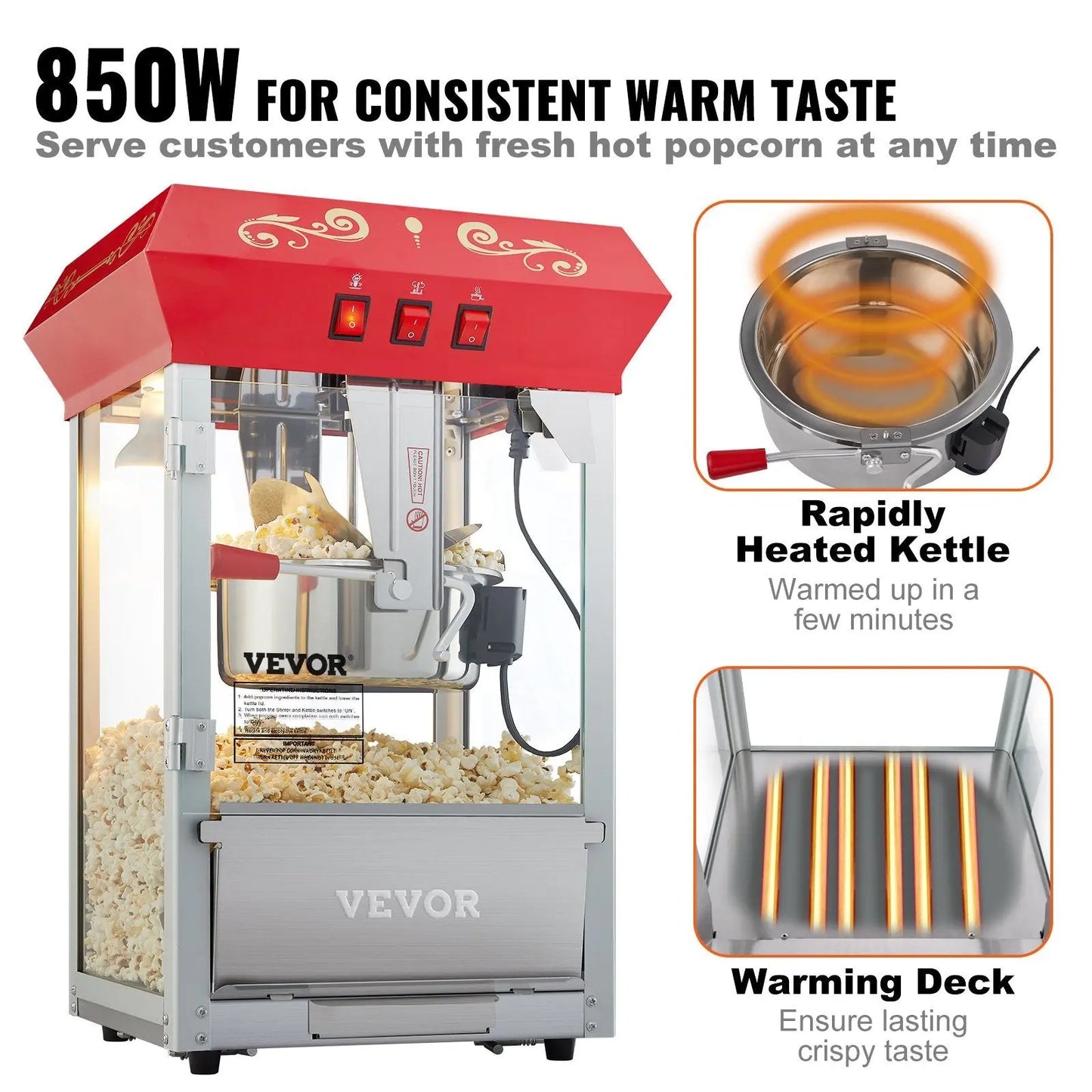 VEVOR Popcorn Popper Machine 8 Oz Countertop Popcorn Maker 850W 48 Cups Red VEVOR