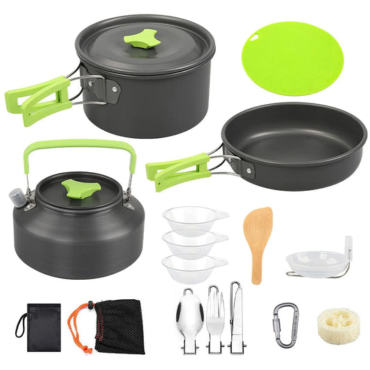 16Pcs Camping Cooking Ware Set Camping Stove Cookware Kit Aluminum Pot Pan Kettle Set with Bowls Knife Fork Spoon Carabiner Spatula Cutting Board for Hiking Picnic Outdoor Doba