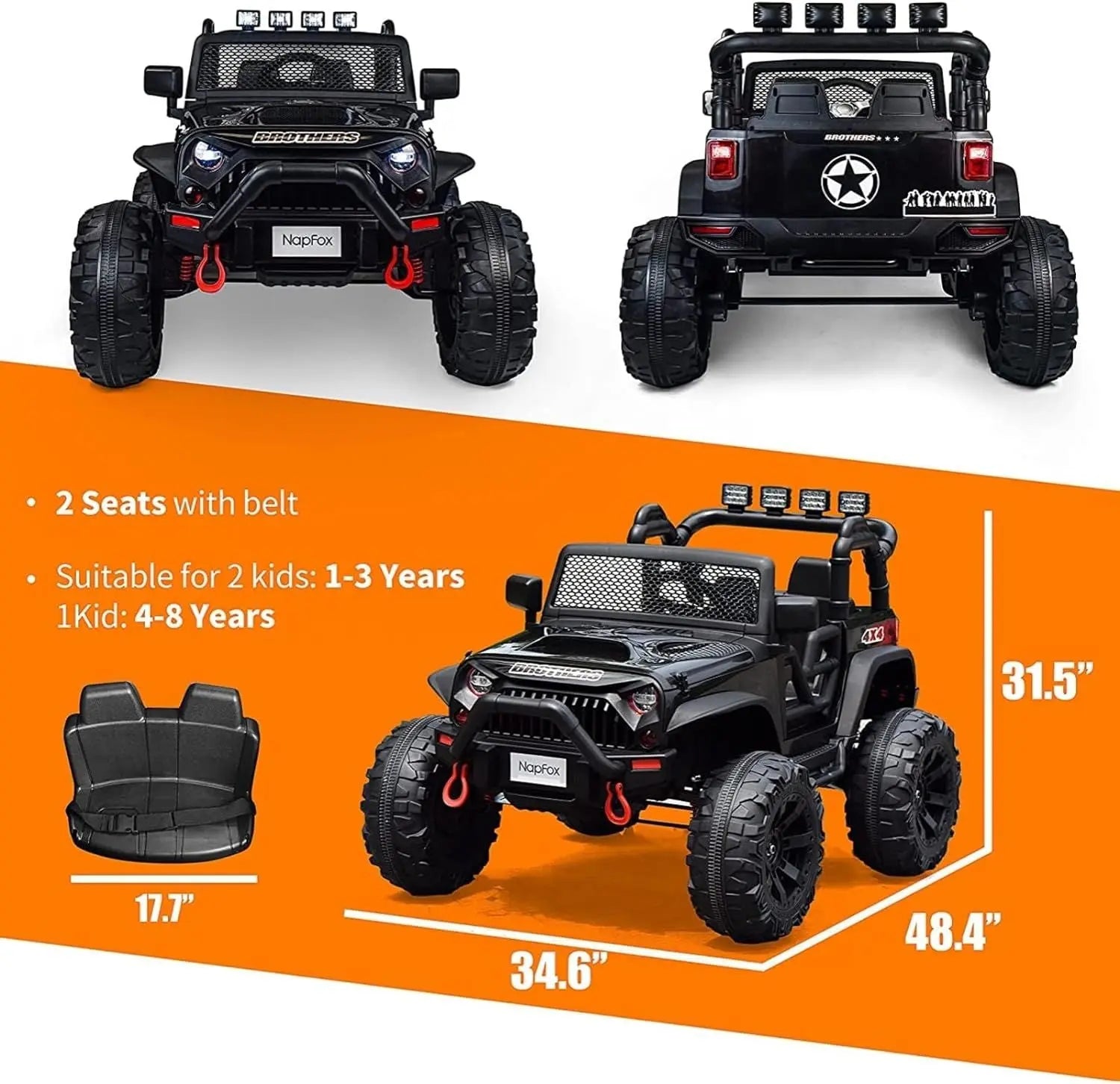 Black 48.4" Large Ride On Car for Kids, Battery Powered Electric Car with 2 Seats, Remote Control, 14" Large Suspension Wheels, LED Lights, Music, Bluetooth for Boys & Girls FX070