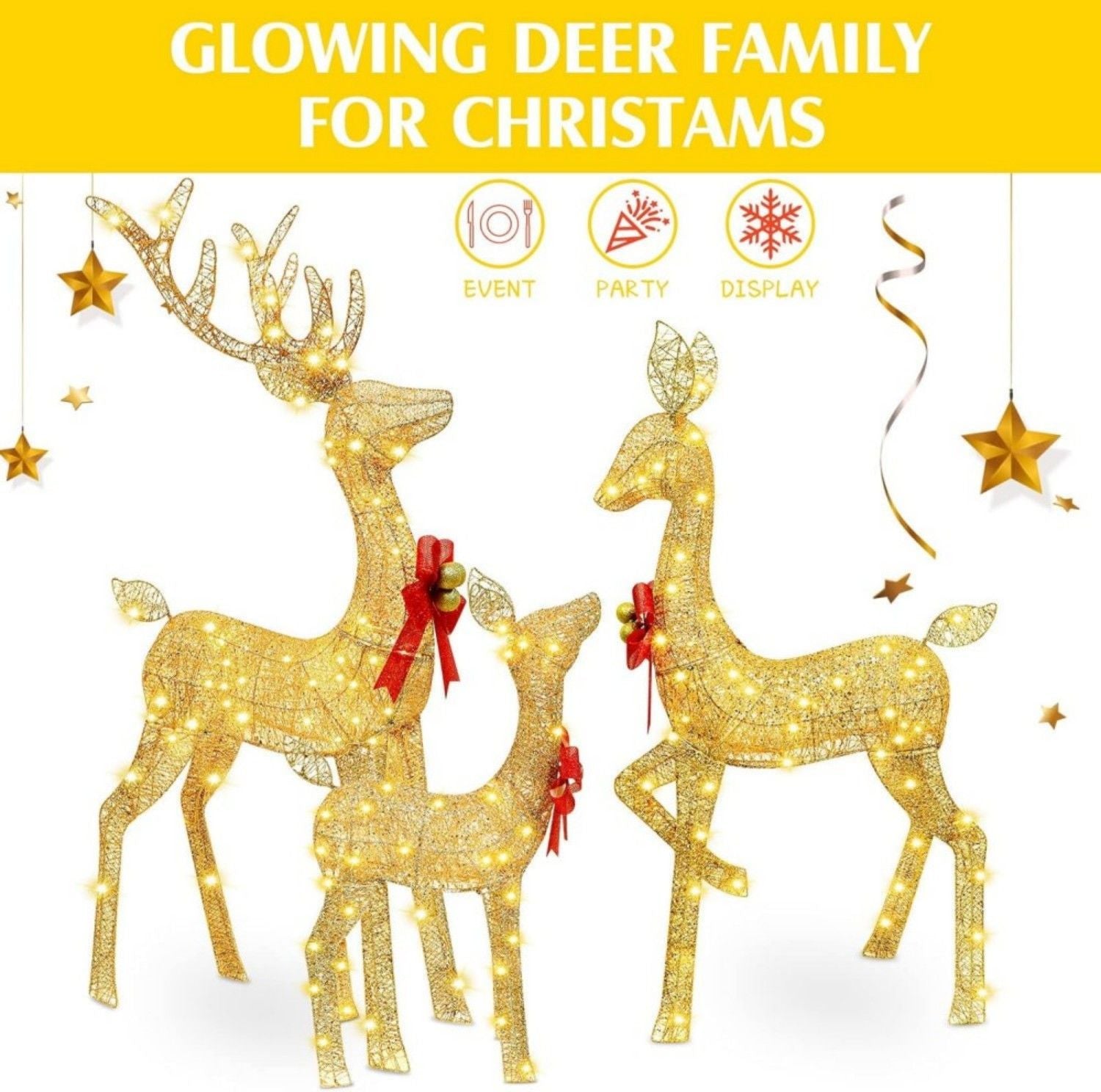 5ft 3-Piece Lighted Christmas Deer Family Set, Large Outdoor Yard Reindeer Holiday Decoration,Lighted Deer Set for Indoor Decor Doba