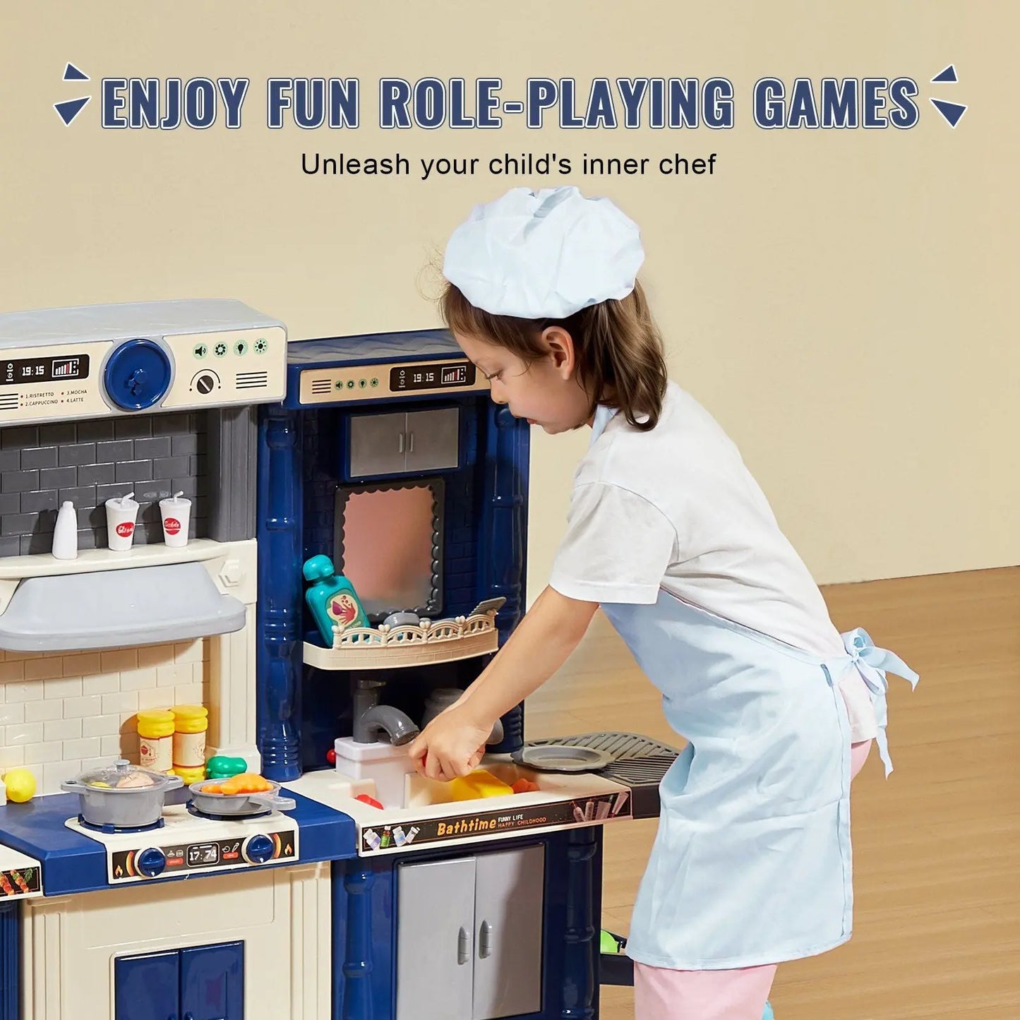 VEVOR Kitchen Playset Kids Pretend Cooking Play Toy 74 Piece Accessories Blue - Gee-Commerce, LLC