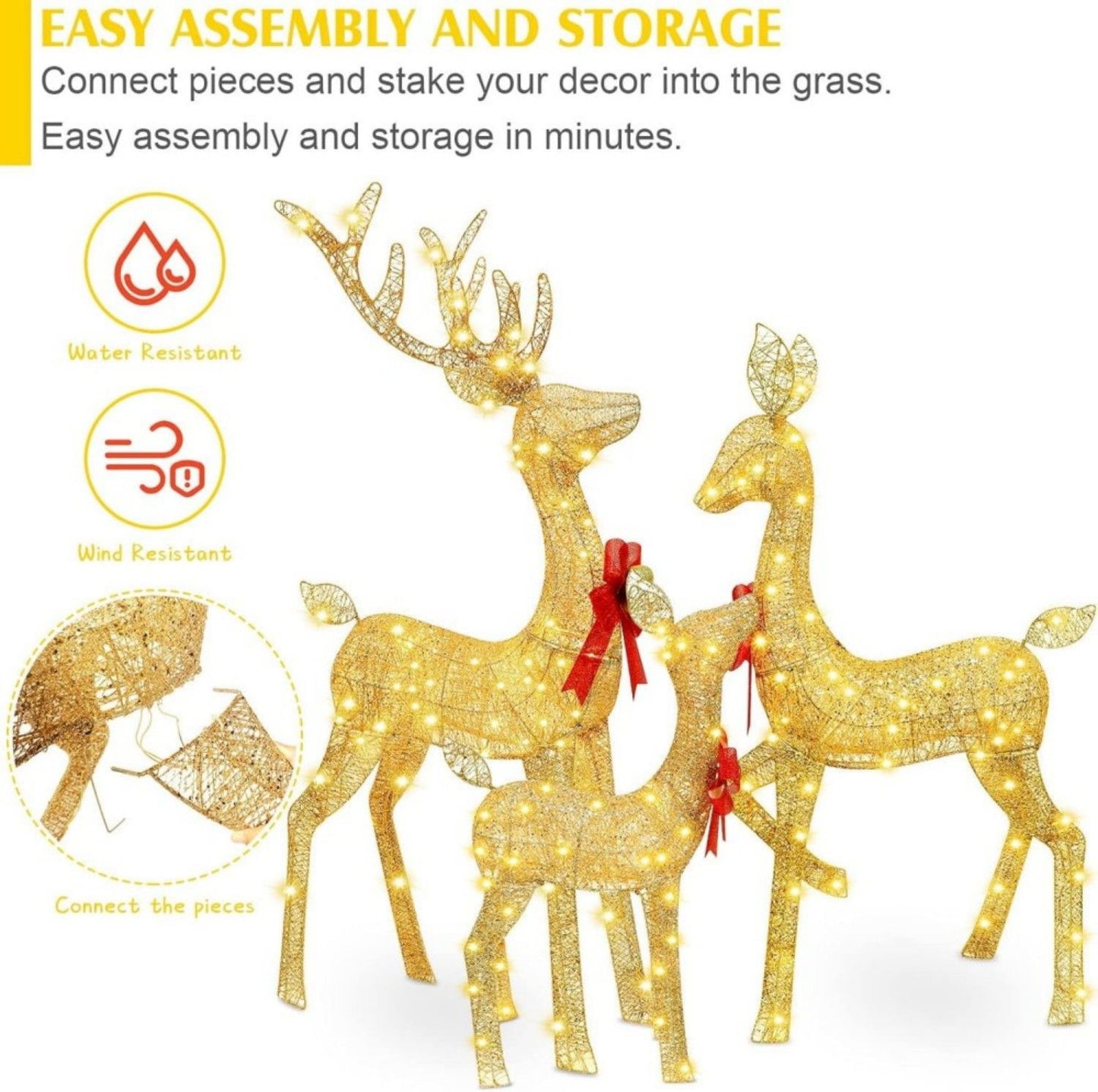 5ft 3-Piece Lighted Christmas Deer Family Set, Large Outdoor Yard Reindeer Holiday Decoration,Lighted Deer Set for Indoor Decor Doba