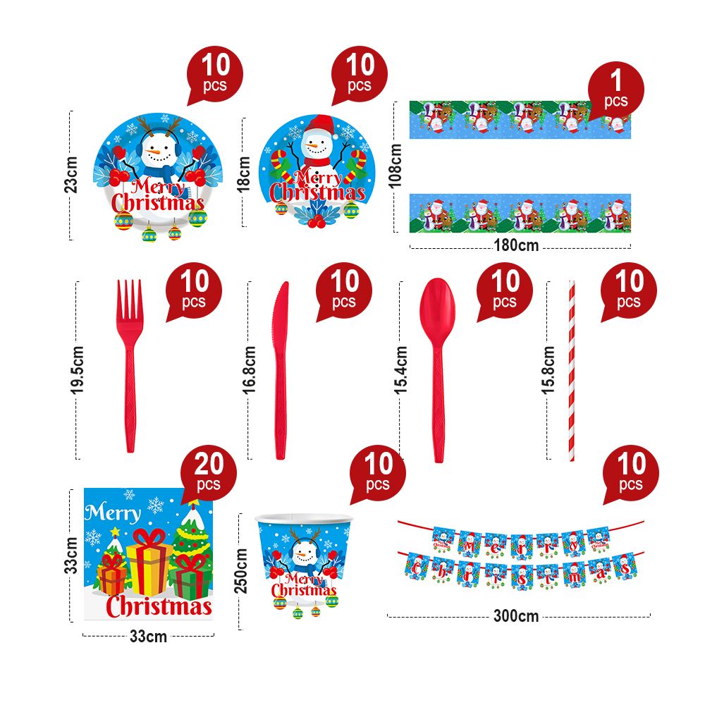 Christmas 10-piece set   Set Party Supplies Snowman Disposable Tableware Paper Plates and Napkins Banners Plastic tablecloths Cutlery Serves 60 for Merry Christmas Party Home Indoor Outdoor Decor Doba