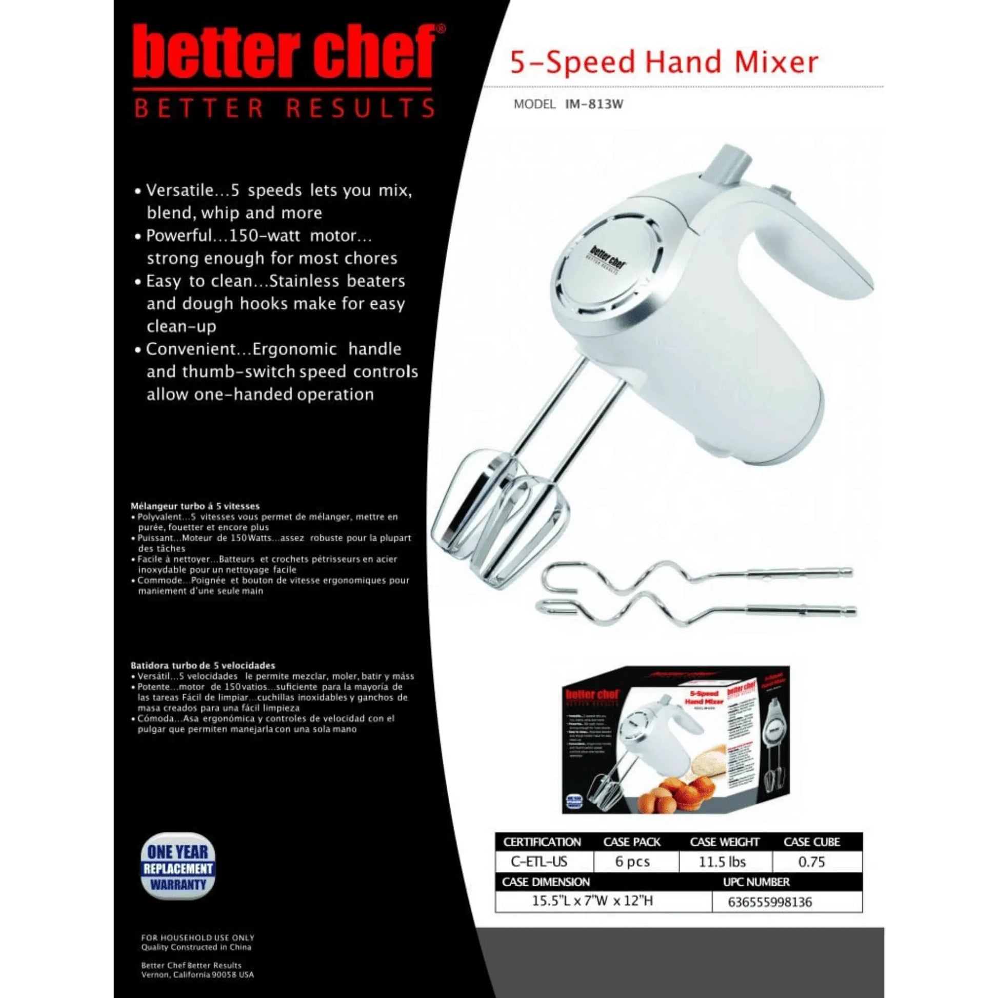 Better Chef 5-Speed 150W Hand Mixer with Silver Accents - Gee-Commerce, LLC