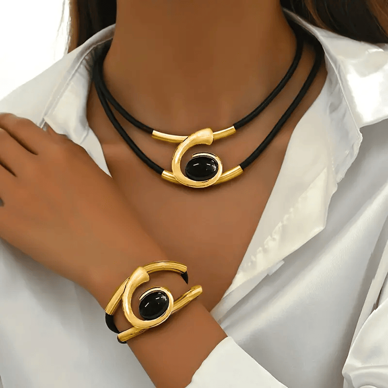 Modern Elegance: Black & Silver Leather  Choker Necklace and Bracelet Set Elegant 14K Gold Plated Black  Onyx Necklace and Bracelet Set Doba