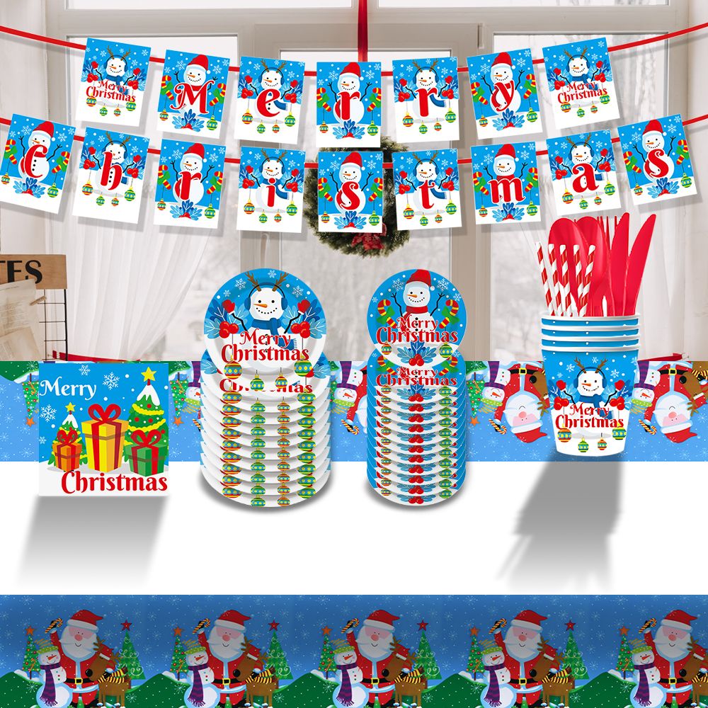 Christmas 10-piece set   Set Party Supplies Snowman Disposable Tableware Paper Plates and Napkins Banners Plastic tablecloths Cutlery Serves 60 for Merry Christmas Party Home Indoor Outdoor Decor Doba