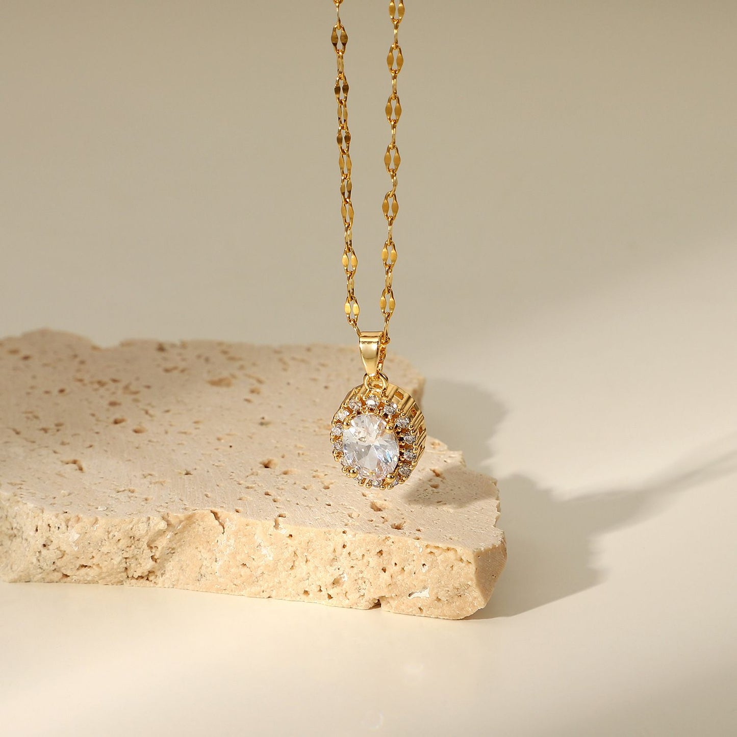 18k Gold Plated Stainless Steel Jewelry Unchangeable Oval White Cubic Zirconia Pendant Necklace For Women - Gee-Commerce, LLC