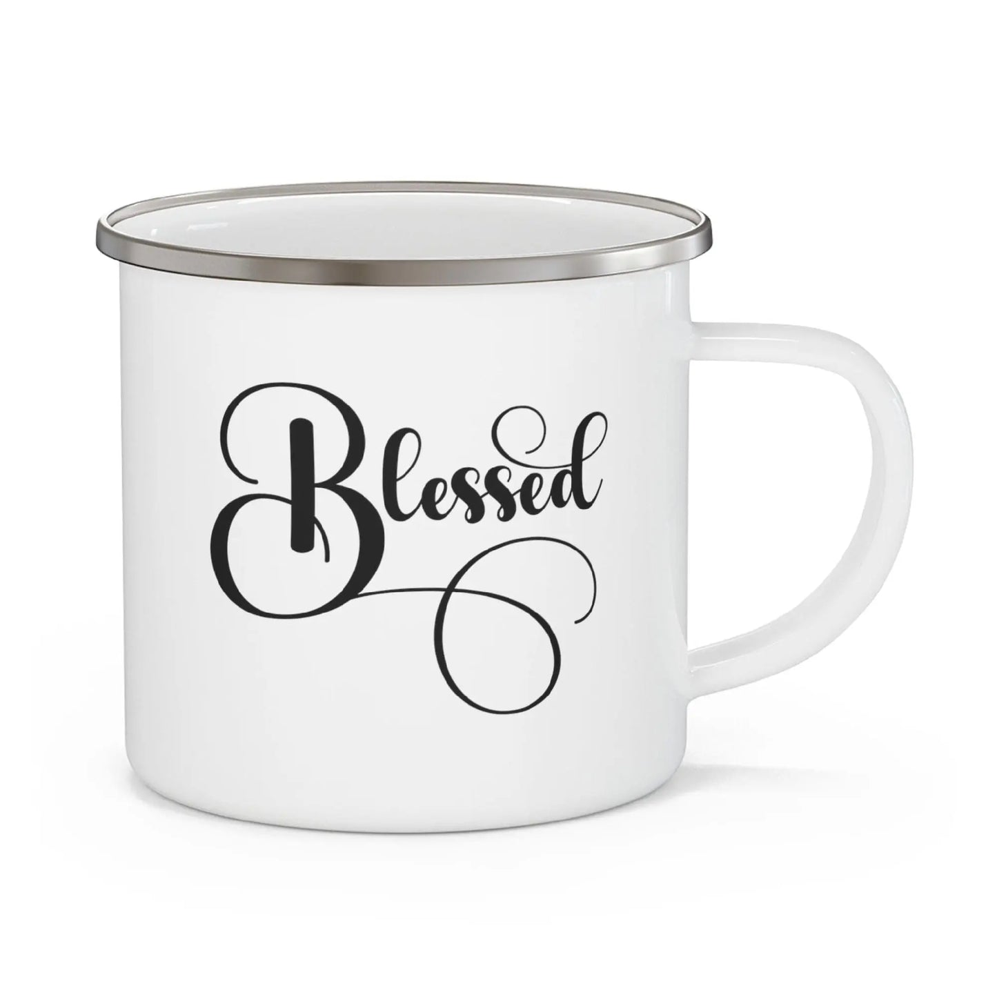 Enamel Camping Mug, Blessed Black Graphic Illustration inQue.Style