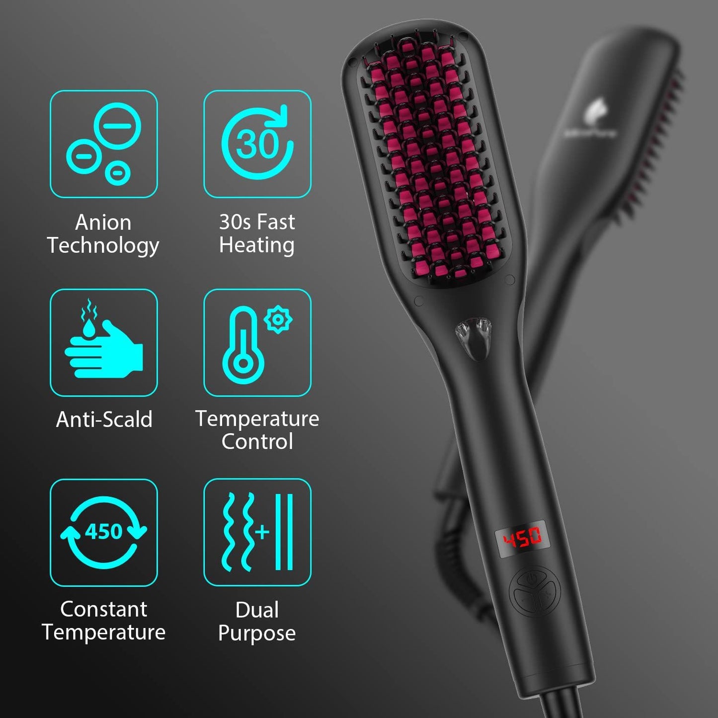 Hair Straightener Brush with Ionic Generator by MiroPure, 30s Fast MCH Ceramic Even Heating, 11 Temperature Control, Professional for Straightening or Curling (Black)