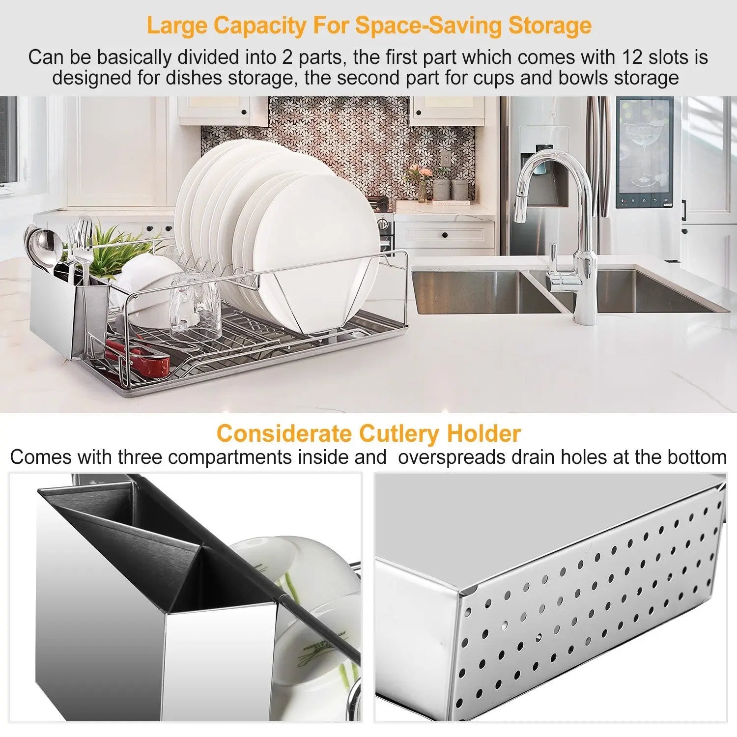 Stainless Steel Dish Rack w/ Drainboard Cutlery Holder Doba