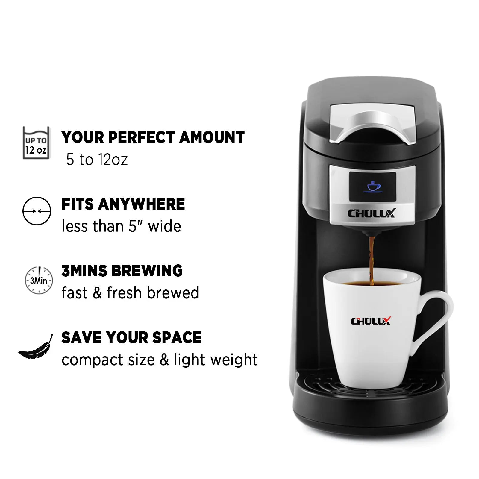 Single Serve Coffee Maker KCUP Pod Coffee Brewer, CHULUX Upgrade Single Cup Coffee Machine Fast Brewing, All in One Simply Coffee Maker for K CUP Ground Coffee Tea, Mini Coffee Machine Brew in Minutes Doba