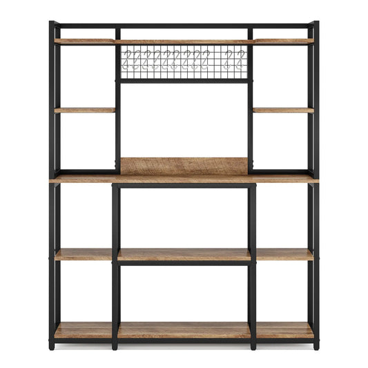 5-Tier Kitchen Baker's Rack, 55" Wide Kitchen Storage Shelf with 11 Hooks QC