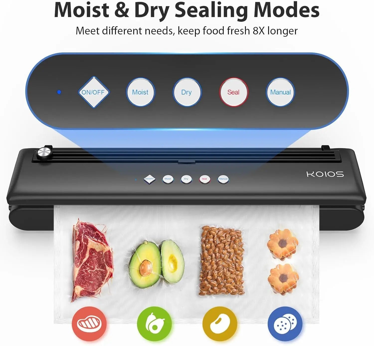 KOIOS Vacuum Automatic Food Sealer with Cutter, Dry & Moist Modes, Compact Design with 10 Sealing Bags & Air Suction Hose KOIOS