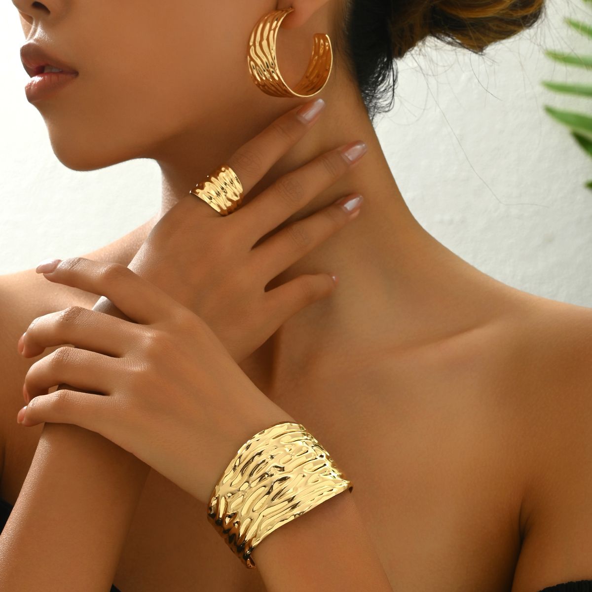 14K gold plated Golden Textured Hoop  Earrings and Cuff Bracelet Set Doba