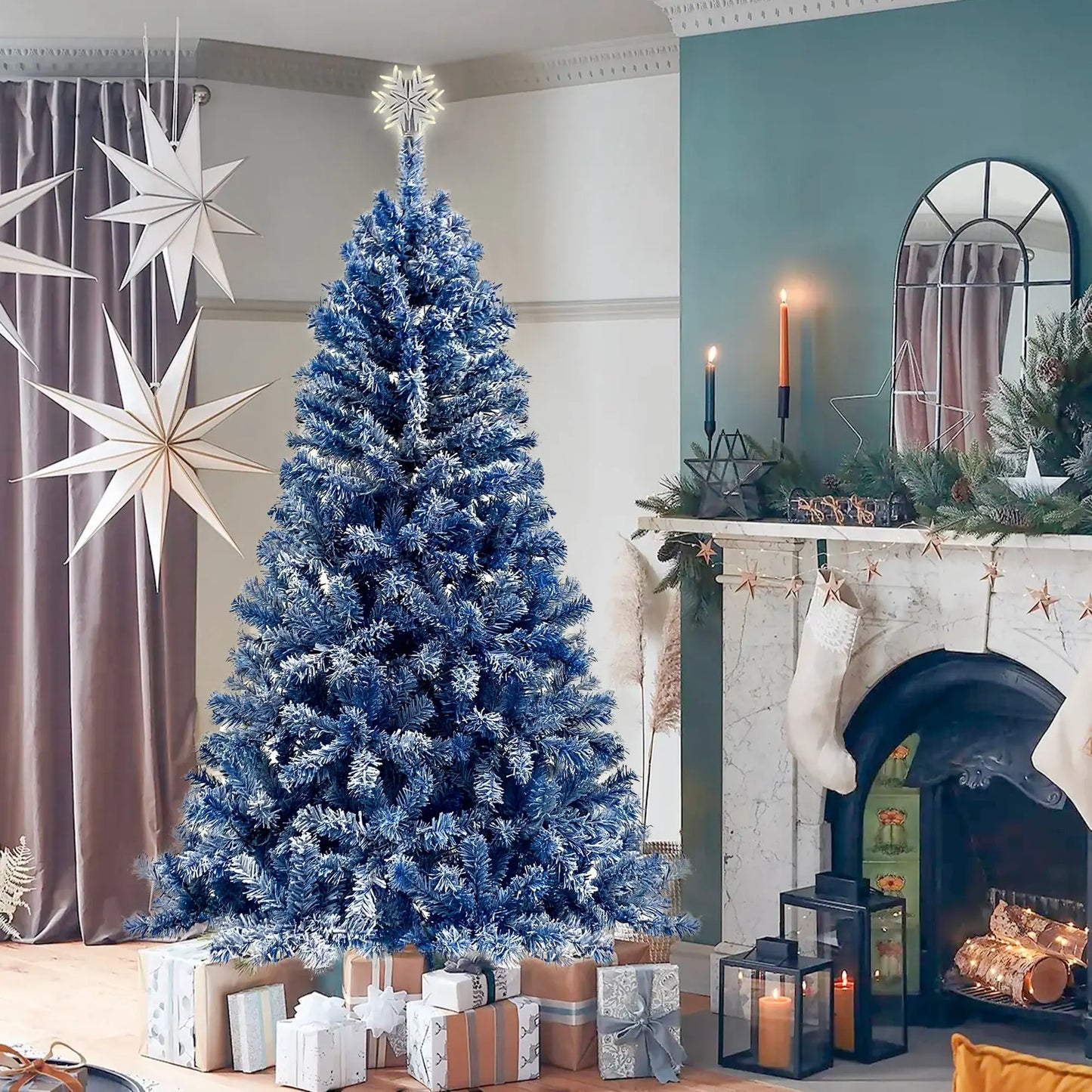 6FT Pre-Lit Hinged Artificial Fir Christmas Tree - Blue Orien Home