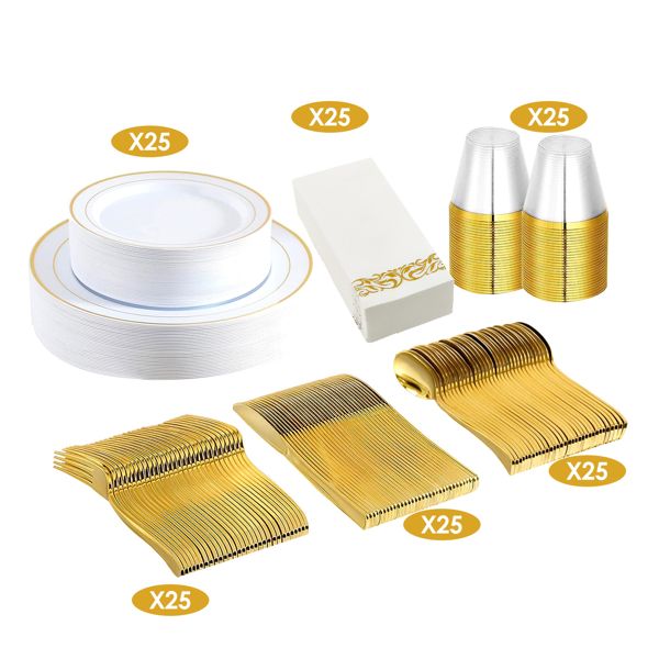 175Pcs Disposable Gold Dinnerware Set Gold Rim Plastic Plates Cups Fork Spoon Knife Paper Napkins for Party Wedding Graduation Doba