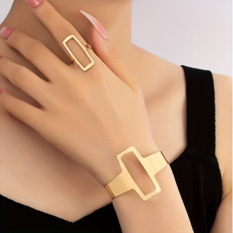 14K Gold Plated Cuff Bangle and  Ring Set - Minimalist Style Doba