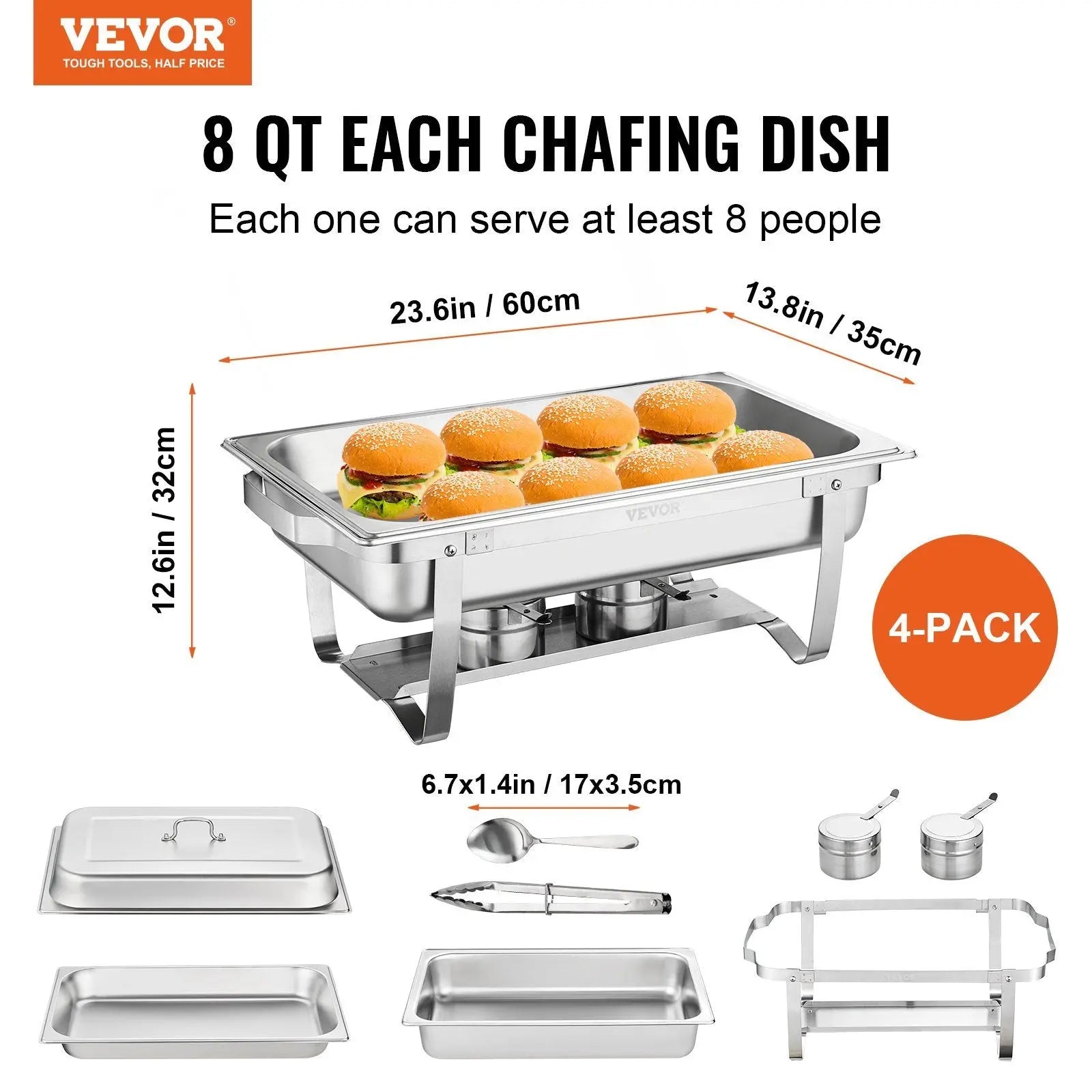 VEVOR 4-Pack Rectangle Chafing Dish Set with Full-Size 8Qt Pan Frame Fuel Holder VEVOR