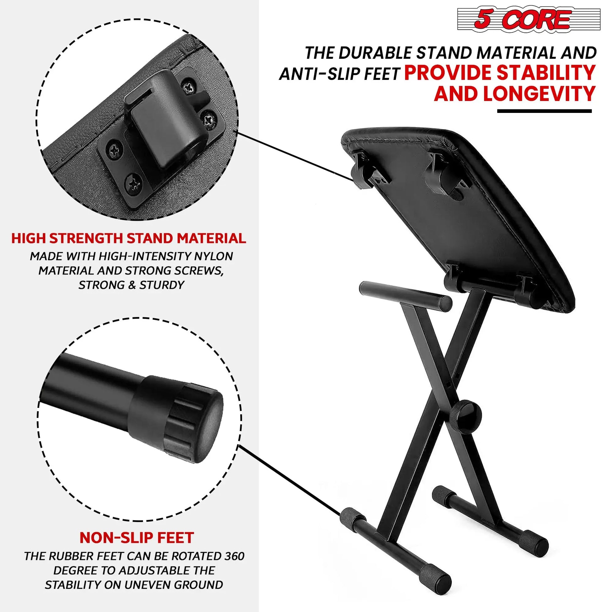 5 Core Keyboard Bench - Thick Padded 12 to 18.5 inch 5 Core