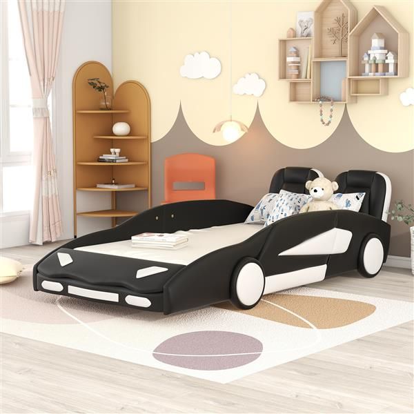 Twin Size Race Car-Shaped Platform Bed with Wheels, Black Doba