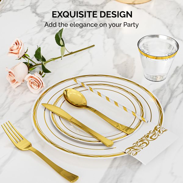 50 sets of flat plastic circular gold disposable tableware with size plates, cups, knives, forks, tissues, straws included Doba