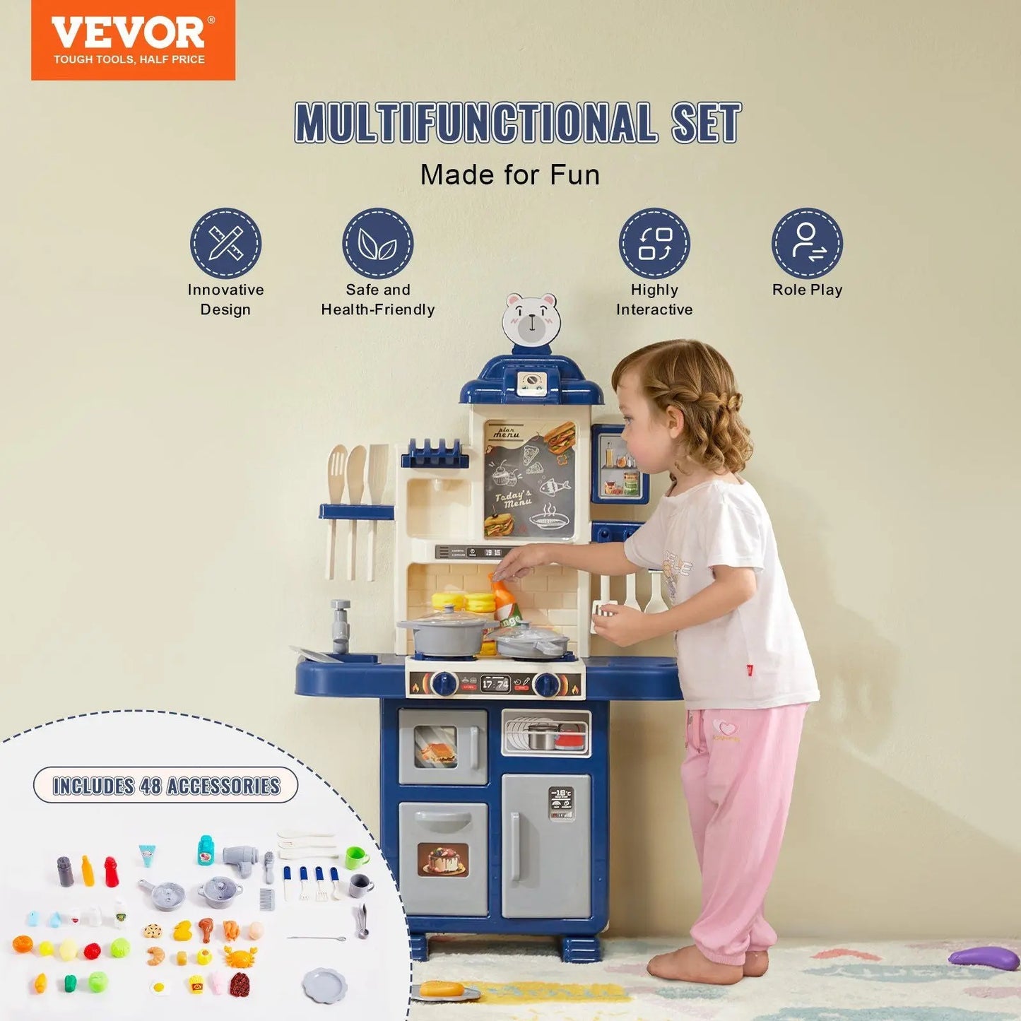 VEVOR Kitchen Playset Kids Pretend Cooking Play Toy 48 Piece Accessories Blue - Gee-Commerce, LLC