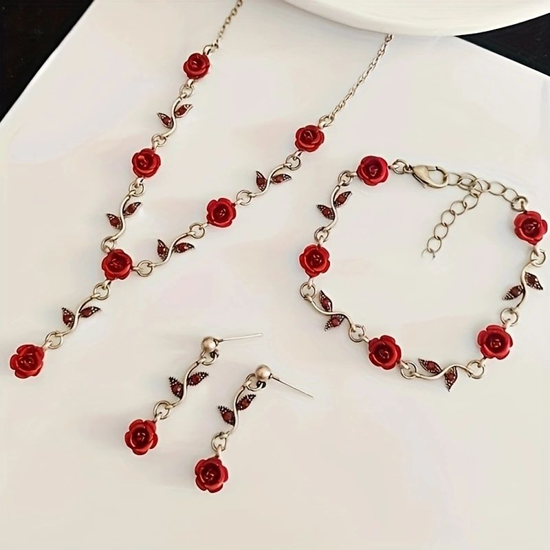 Romantic Rose Garden Jewelry Set -  Necklace, Bracelet, and Earrings Doba