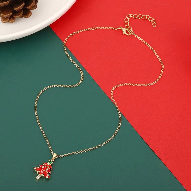 Christmas Tree Enamel and Rhinestone  Jewelry Set - Festive Necklace and Earrings Doba