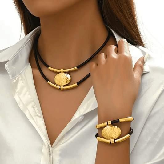 Golden Elegance: 14K Gold-Plated  Jewelry Set with Black Cords Doba