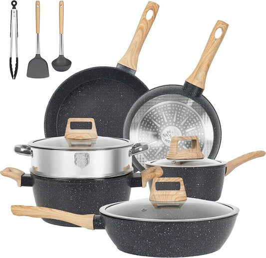 12 Piece Nonstick Cookware Set Including Frying Pan, Pan, Steamer, Silicone Spatula, and Pliers Carote