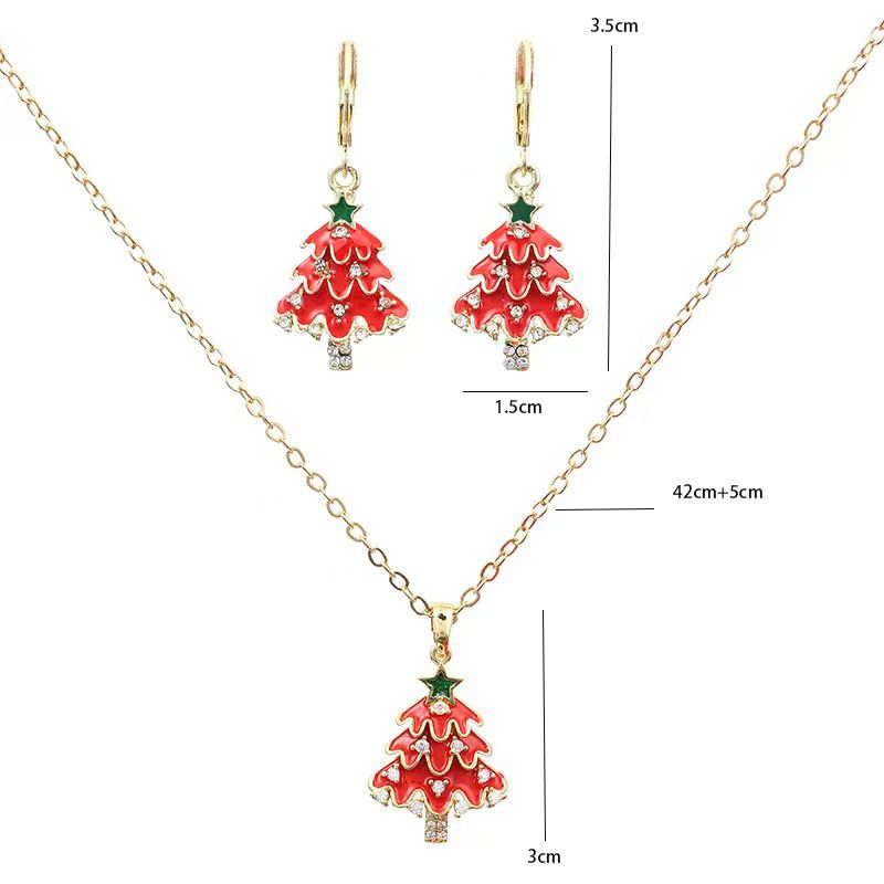 Christmas Tree Enamel and Rhinestone  Jewelry Set - Festive Necklace and Earrings Doba