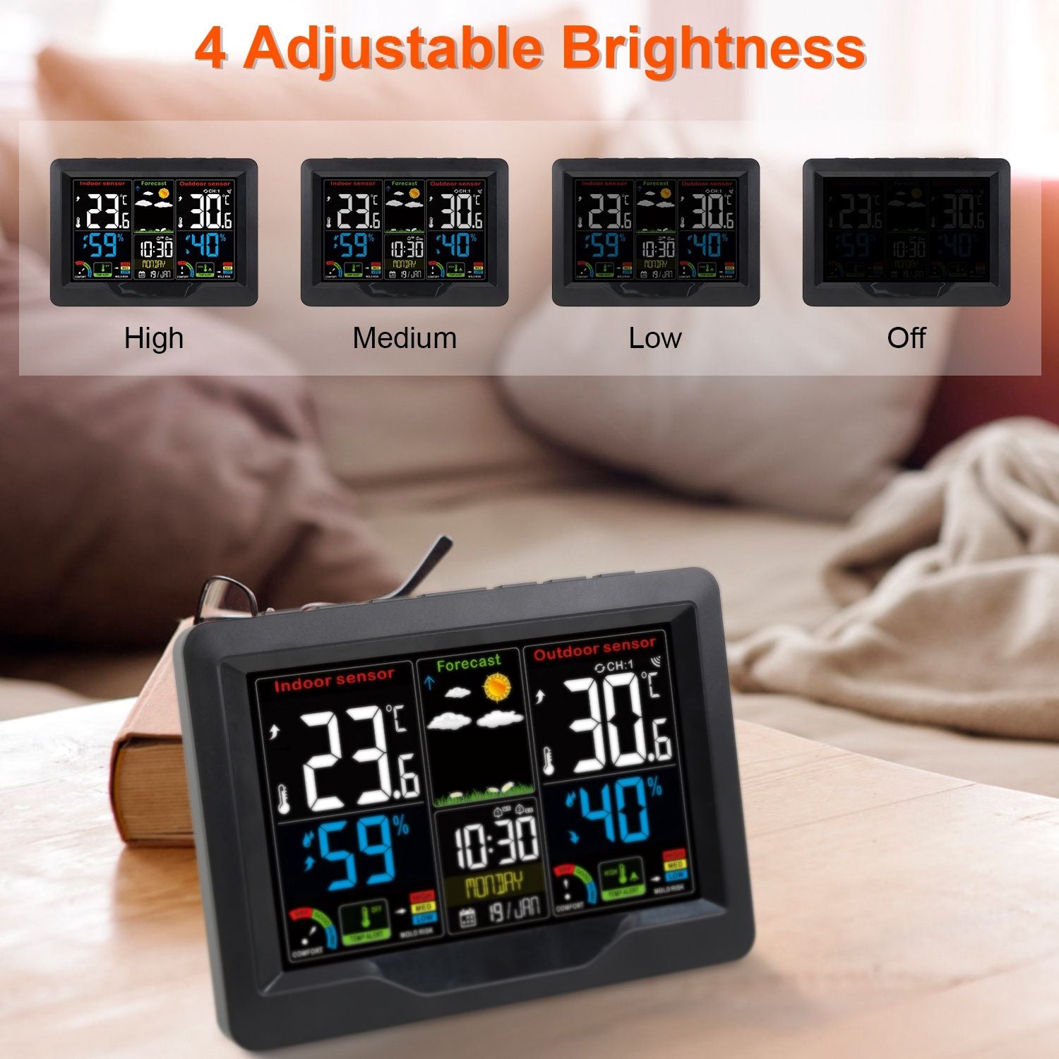 Electric Weather Station Wireless Alarm Clock with Indoor Outdoor Thermometer - 7 Languages Doba