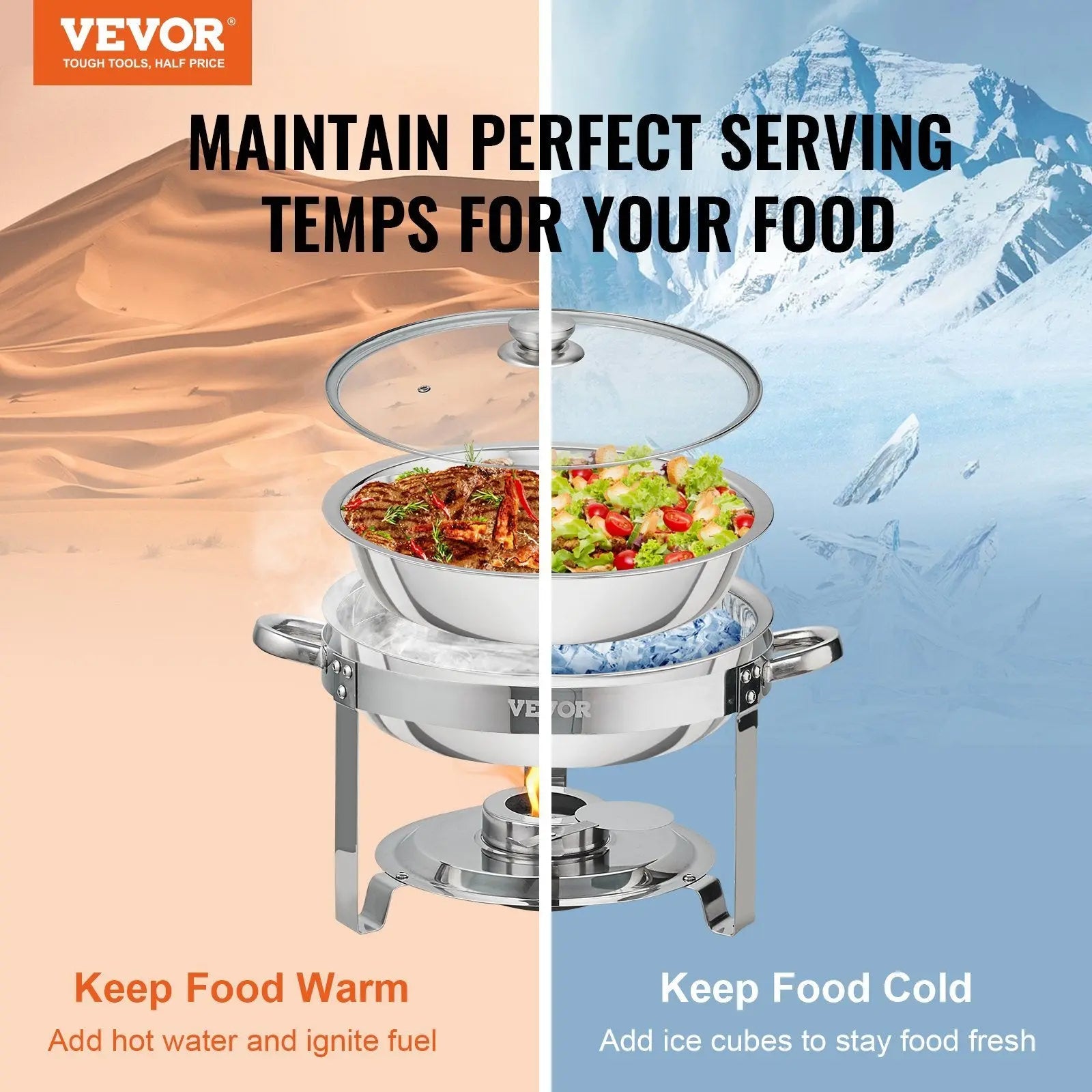 VEVOR 2-Pack Round Chafing Dish Set with Full-Size 4Qt Pan Glass Lid Fuel Holder VEVOR