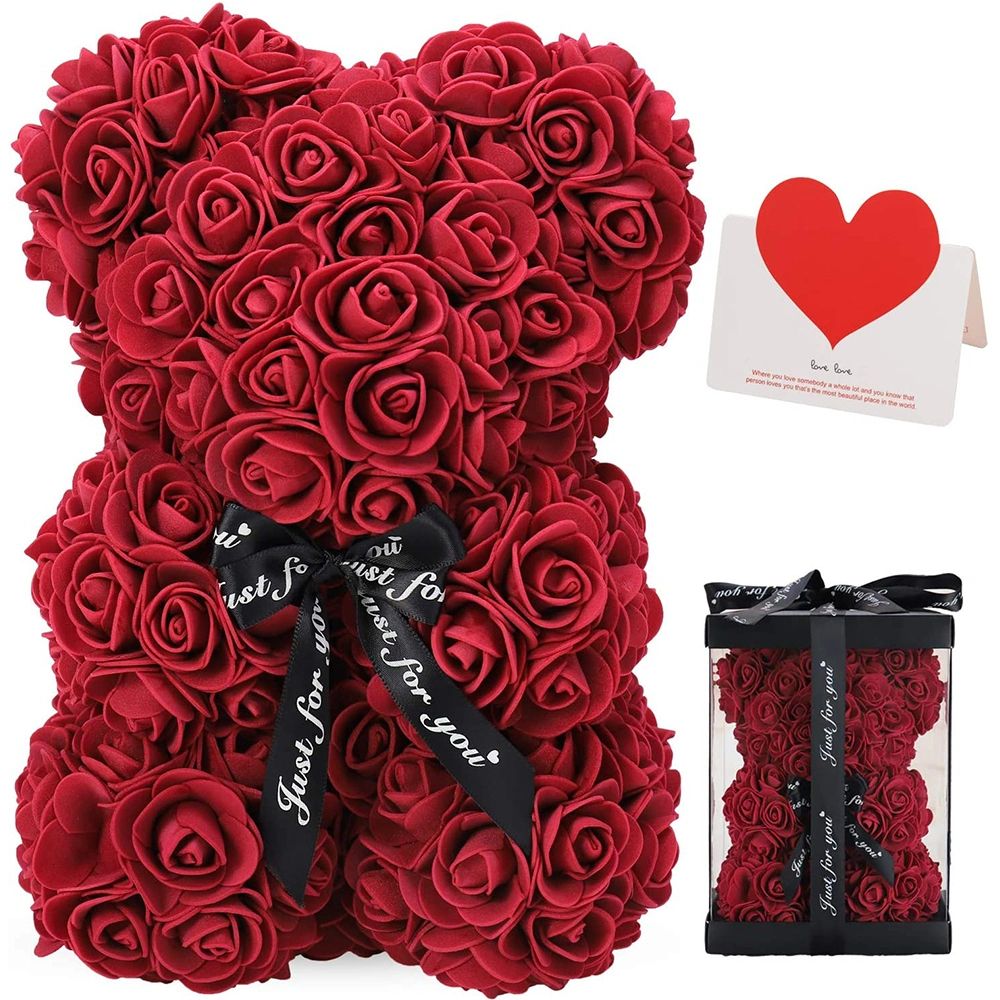 Gifts for Women - Rose Bear - Rose Flower Bear Hand Made Rose Teddy Bear - Gift for Valentines Day;  Mothers Day;  Wedding and Anniversary & Bridal Showers - w/Clear Clear Gift Box 10 Inch (Red) - Gee-Commerce, LLC