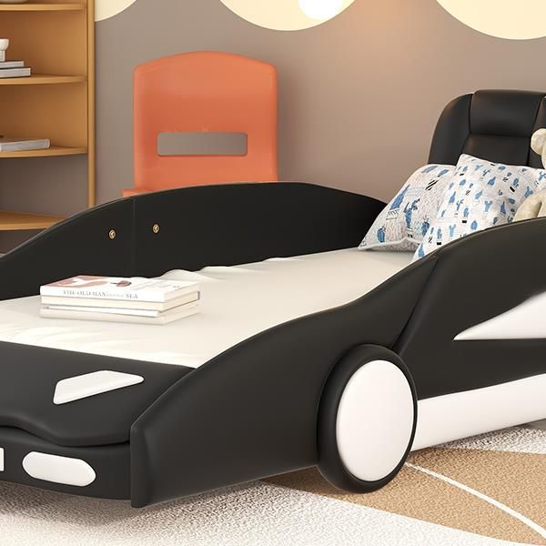 Twin Size Race Car-Shaped Platform Bed with Wheels, Black Doba