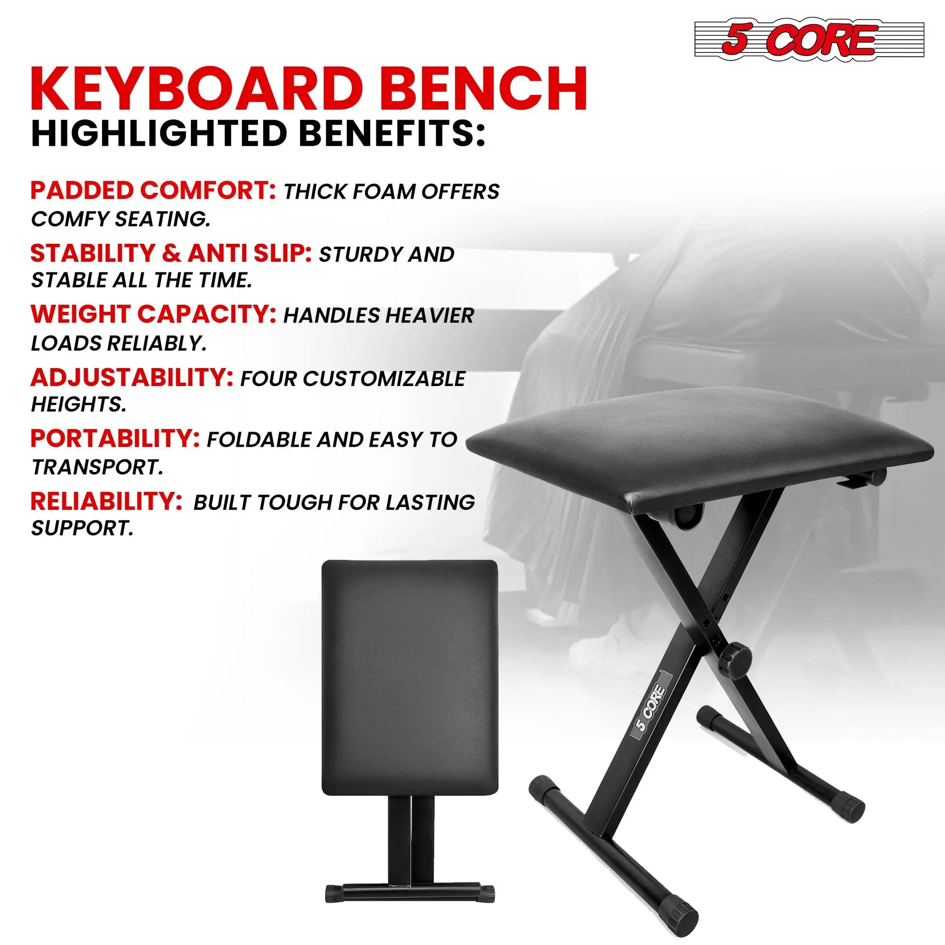 5 Core Keyboard Bench - Thick Padded 12 to 18.5 inch 5 Core