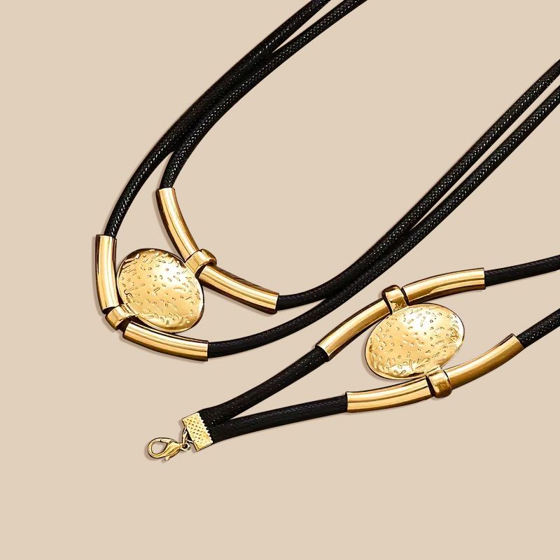 Golden Elegance: 14K Gold-Plated  Jewelry Set with Black Cords Doba