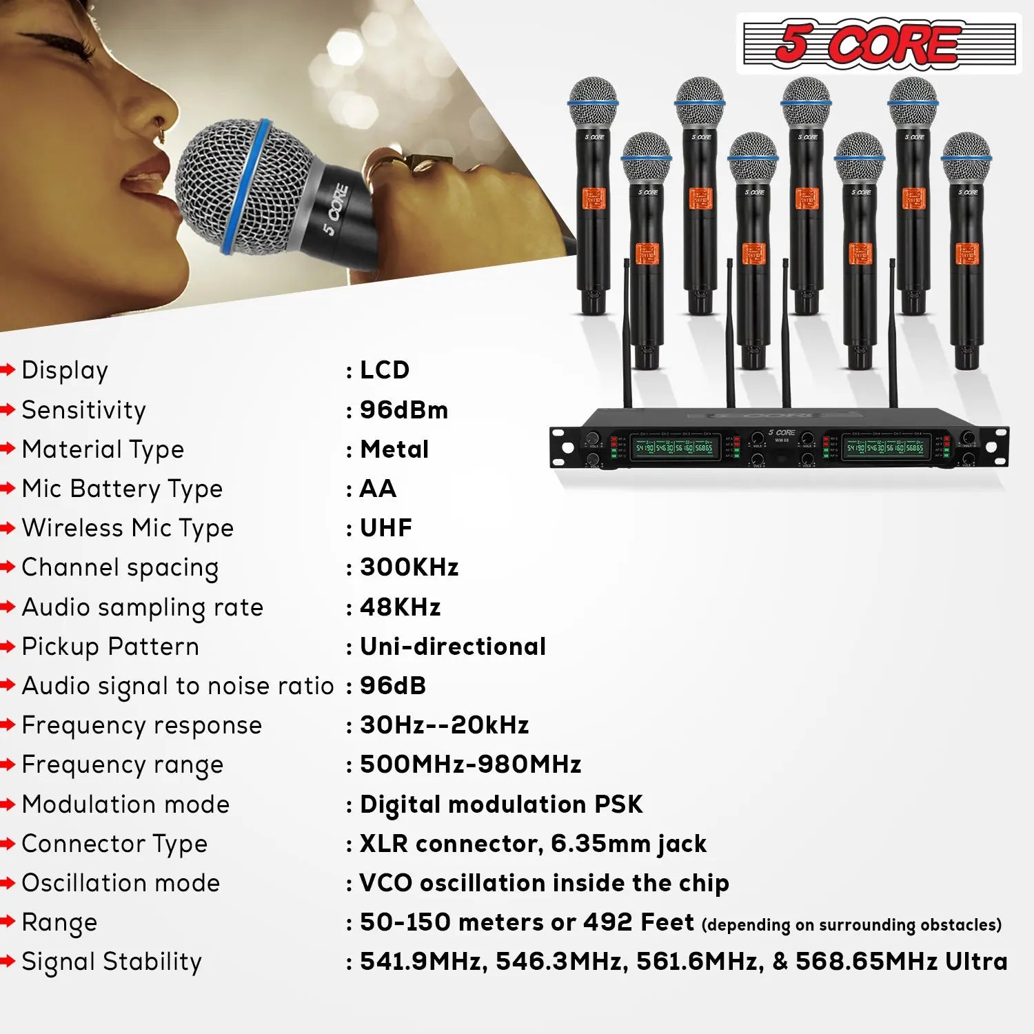 5 Core Wireless Microphones 8 Channel Dynamic Professional UHF Singing Mic System 5 Core