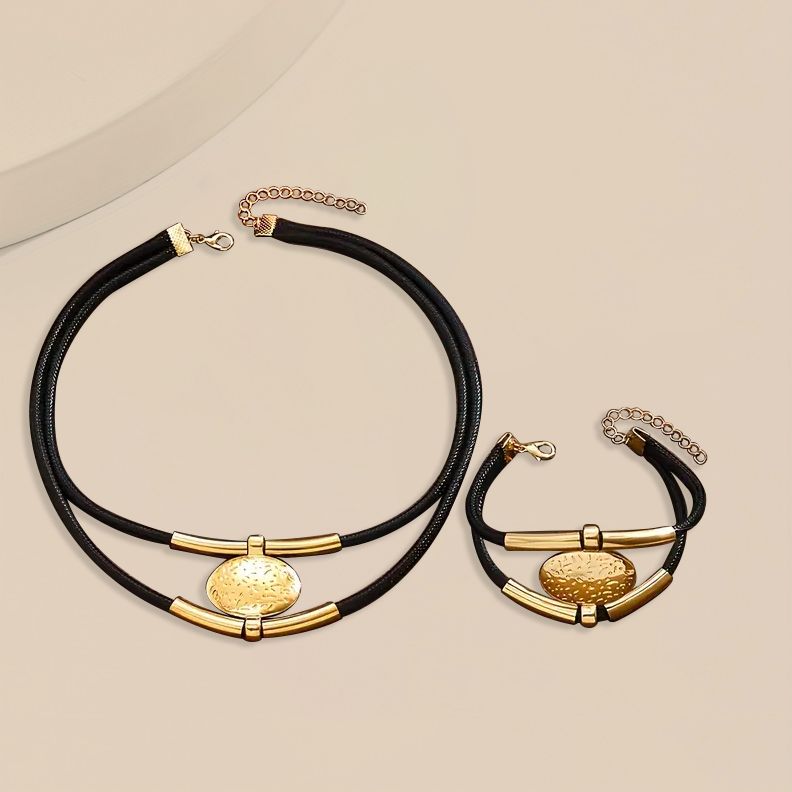 Golden Elegance: 14K Gold-Plated  Jewelry Set with Black Cords Doba