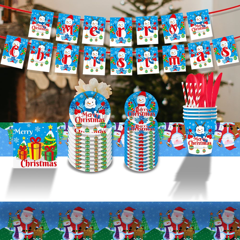 Christmas 10-piece set   Set Party Supplies Snowman Disposable Tableware Paper Plates and Napkins Banners Plastic tablecloths Cutlery Serves 60 for Merry Christmas Party Home Indoor Outdoor Decor Doba