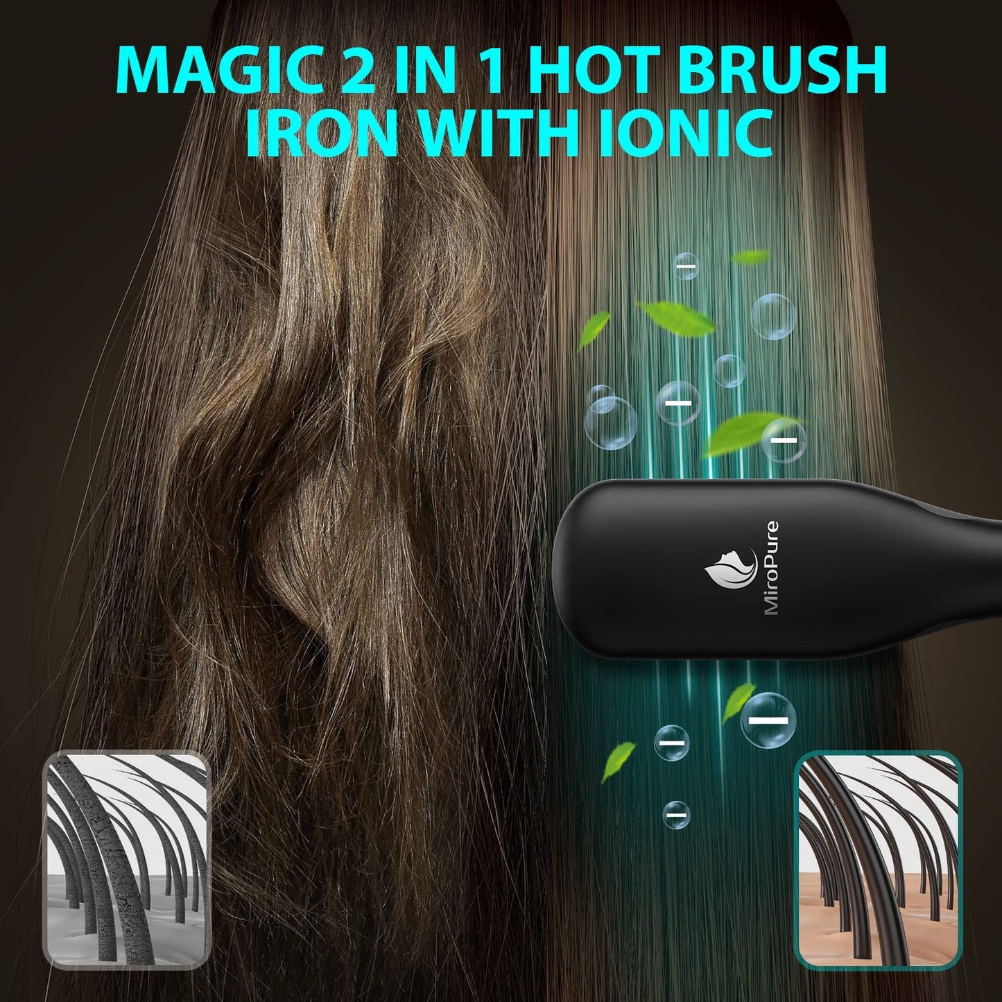 Hair Straightener Brush with Ionic Generator by MiroPure, 30s Fast MCH Ceramic Even Heating, 11 Temperature Control, Professional for Straightening or Curling (Black)