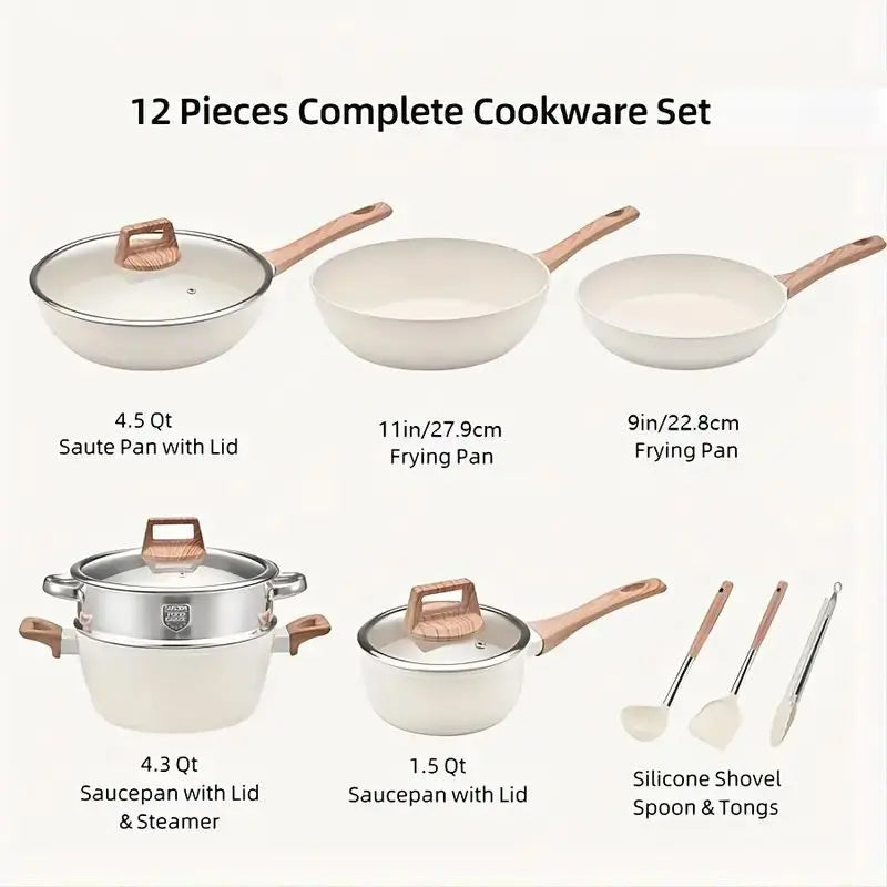 12 Piece Pots & Pantry Set, Nonstick Cookware Set, Induction Oven Nonstick Granite Cooking Set Including Frying Pan, Pan, Steamer, Silicone Spatula, and Pliers Doba