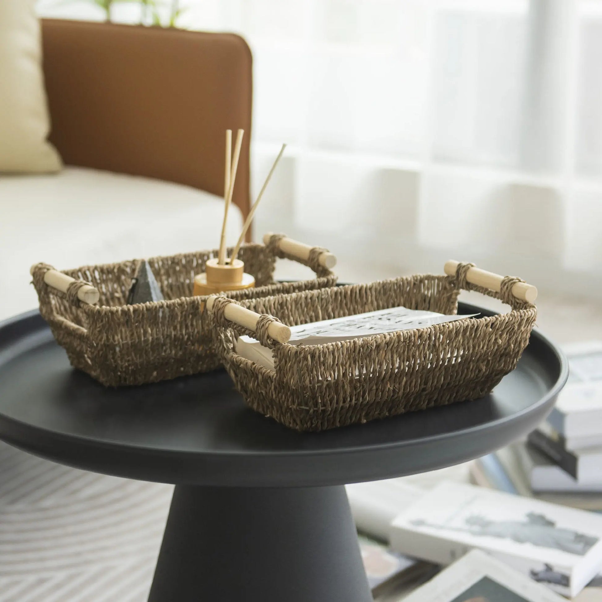 Small Wicker Baskets, Handwoven Baskets for Storage, Seagrass Rattan Baskets with Wooden Handles, 2-Pack Doba